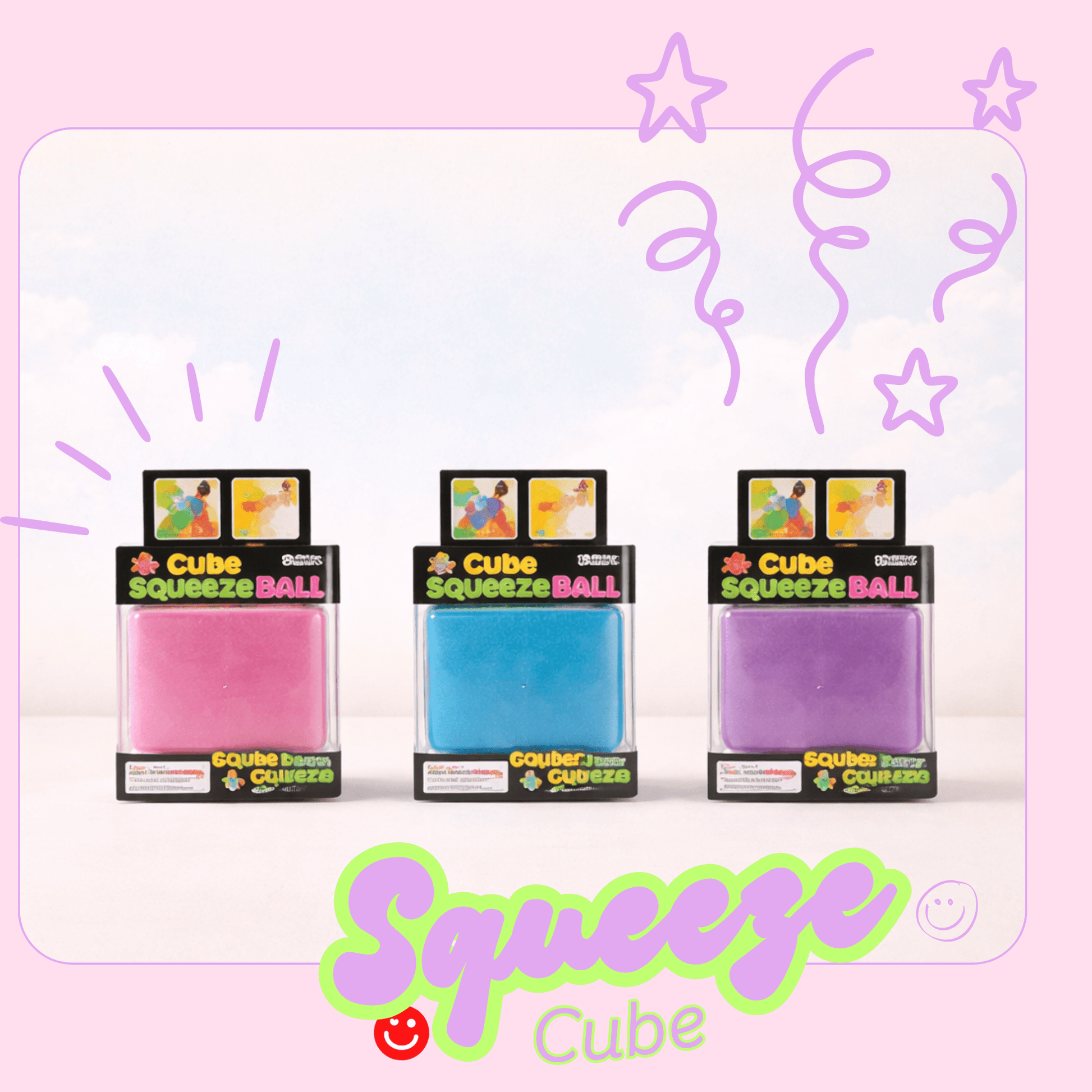 kawaii sensory toy pink cube squeeze ball front view - Overrated Korean Beauty & More