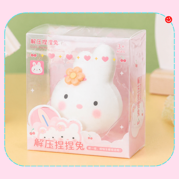 Kawaii bunny squishy toy stress relief fidget side angle - Overrated Korean Beauty & More