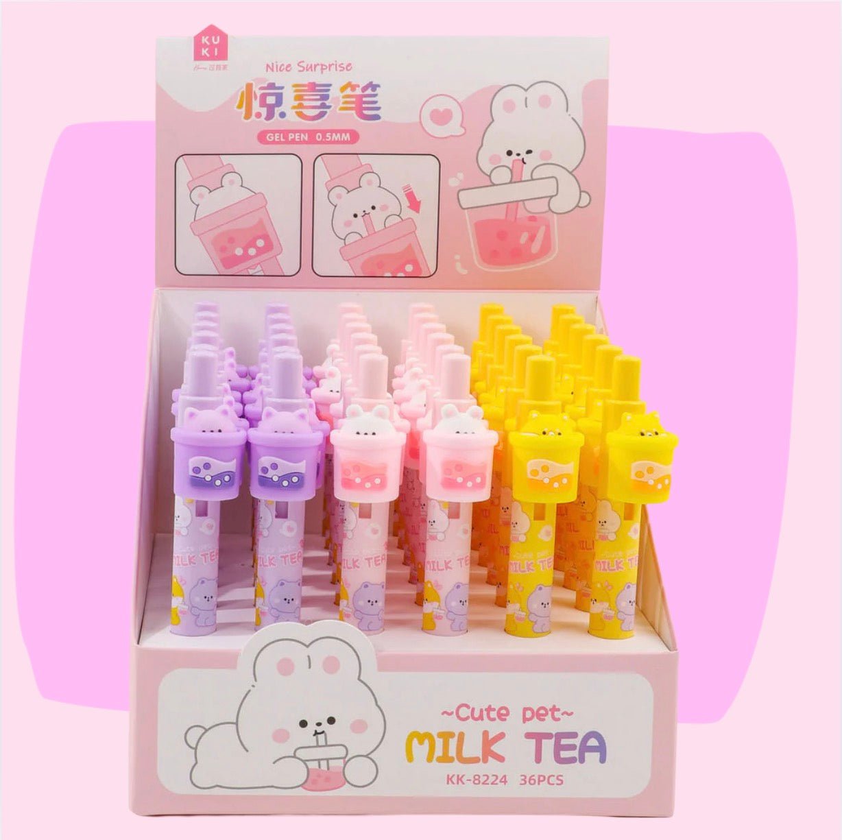 Kawaii milk tea surprise gel pen cute pet character full product view - Overrated Korean Beauty & More