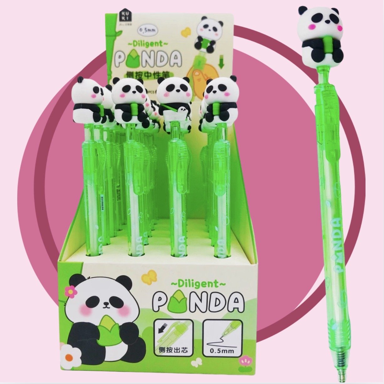 Kawaii gel pen diligent panda 3D bamboo topper green barrel - Overrated Korean Beauty & More