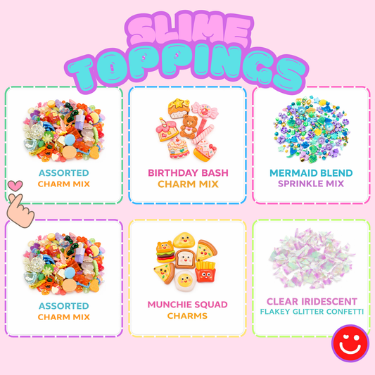 DIY slime toppings colorful loose charm mix flat lay top view - Overrated Korean Beauty & More