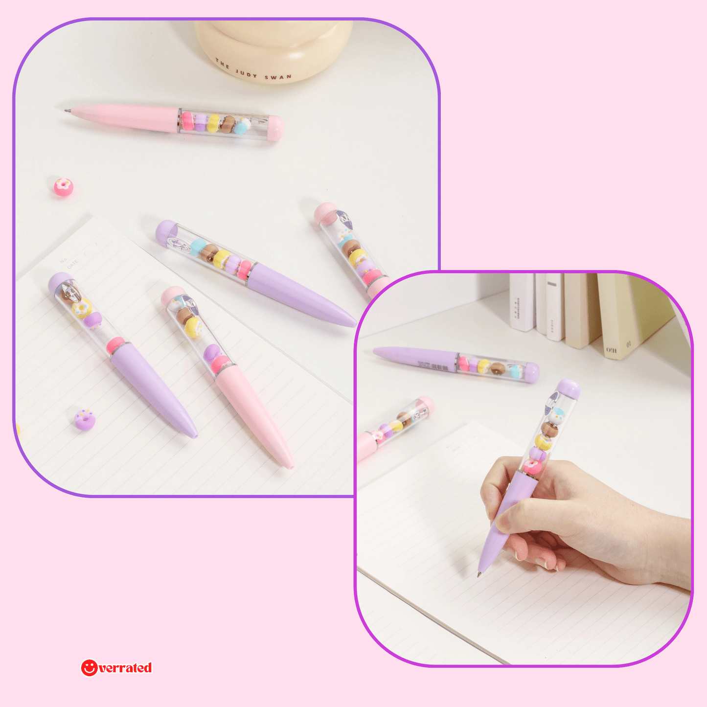Clear barrel kawaii doughnut pen with rotating topper gift idea - Overrated Korean Beauty & More