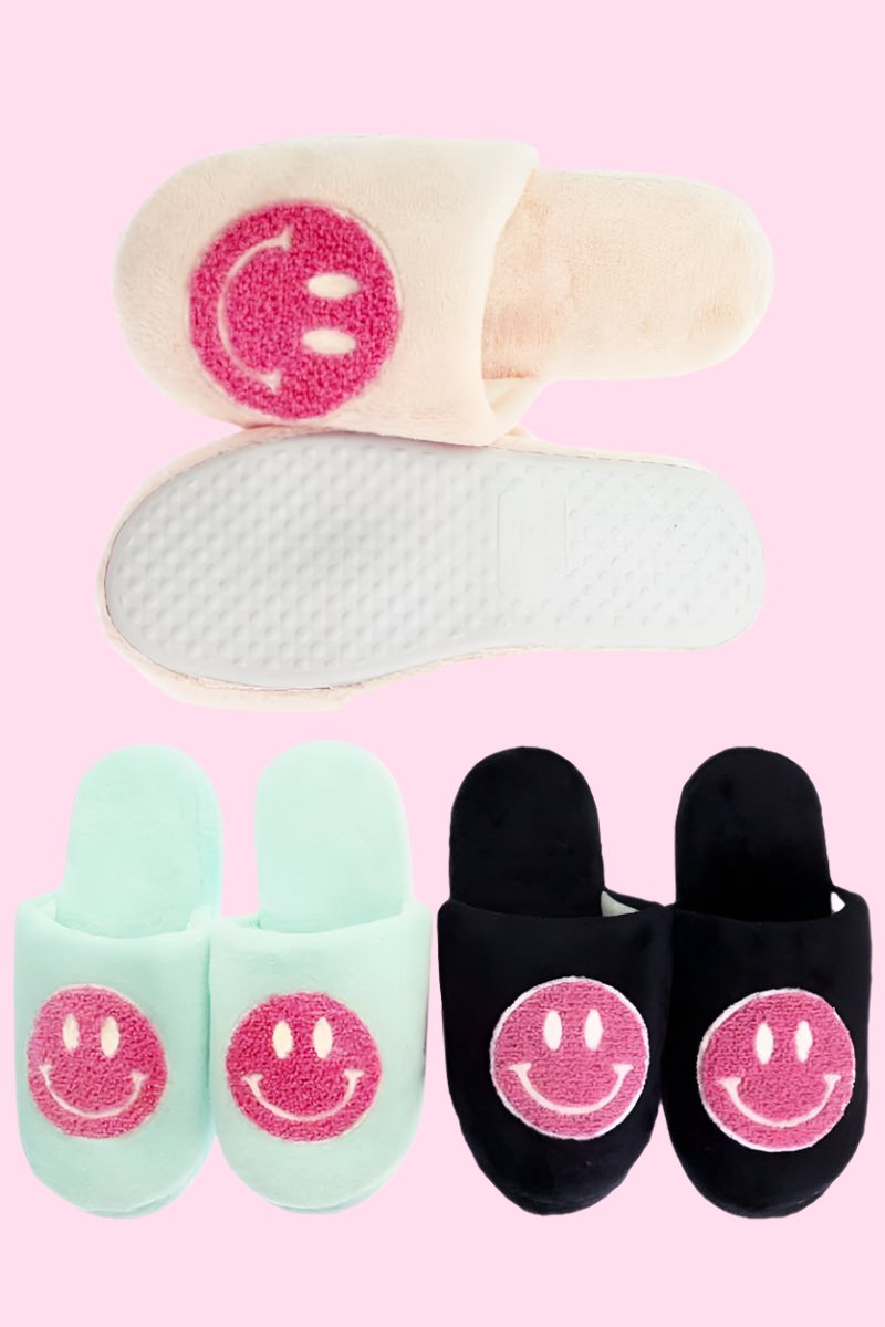 Pink Smiley Face Fuzzy Fleece Foam Lounge Slippers