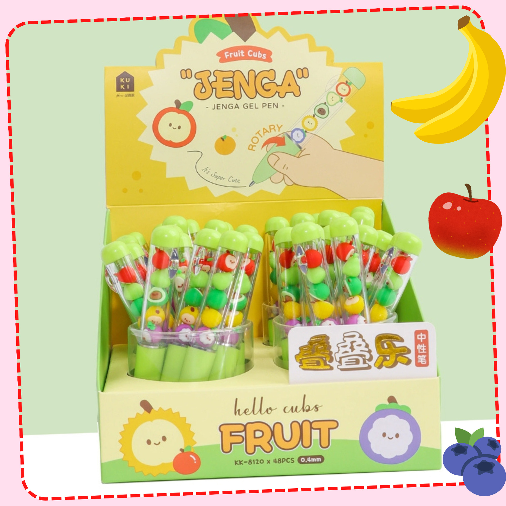 Kawaii gel pen fruit charm jenga tube assorted colors collection - Overrated Korean Beauty & More