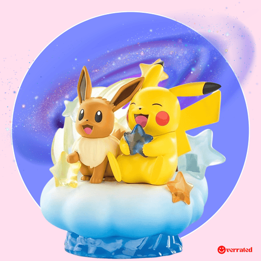Pokemon figure Eevee and Pikachu on dreamy nebula cloud kawaii collectible display - Overrated Korean Beauty & More
