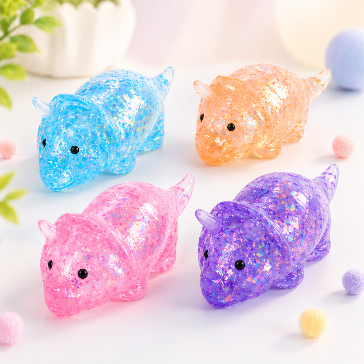Kawaii glitter dino squishy toy blue and pink dinosaurs - Overrated Korean Beauty & More