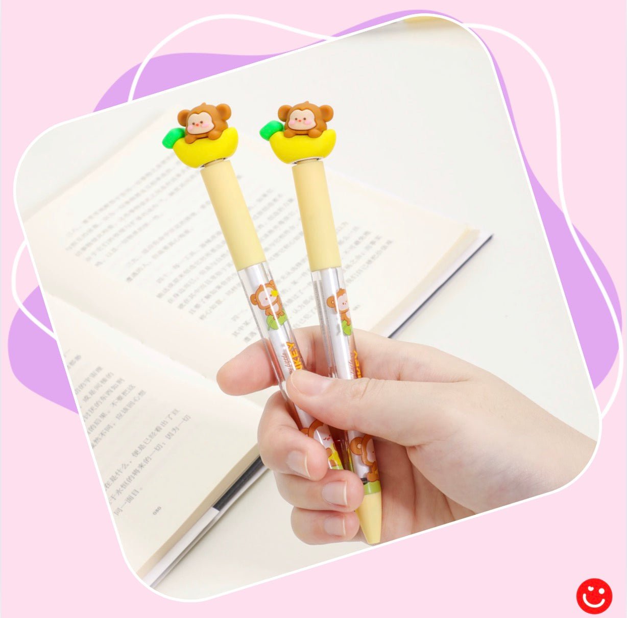 Kawaii gel pen set with cute monkey stress relief topper - Overrated Korean Beauty & More