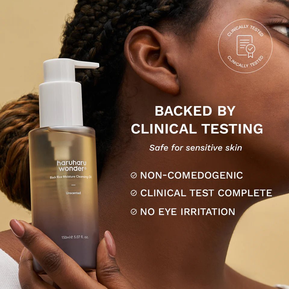 Haruharu Wonder cleansing oil Black Rice model applying to skin makeup removal - Overrated Korean Beauty & More