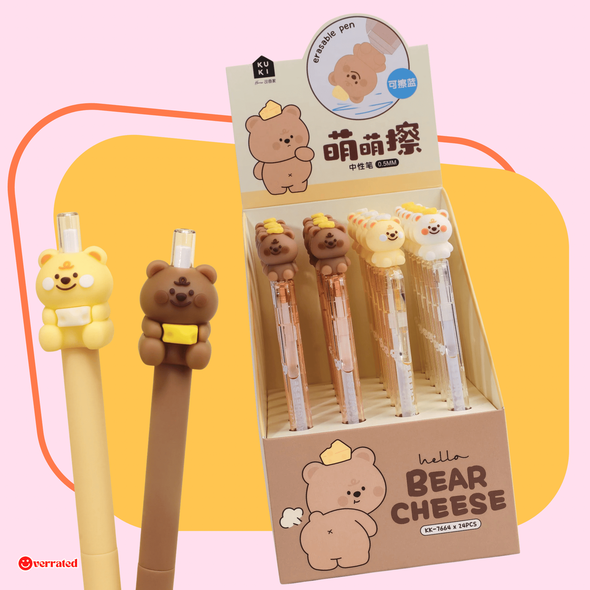 Kawaii hello bear cheese erasable gel pen front view - Overrated Korean Beauty & More