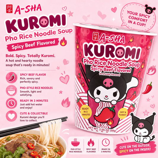 Hello Kitty Kuromi pho noodles A-Sha gluten free spicy beef cup - Overrated Korean Beauty & More