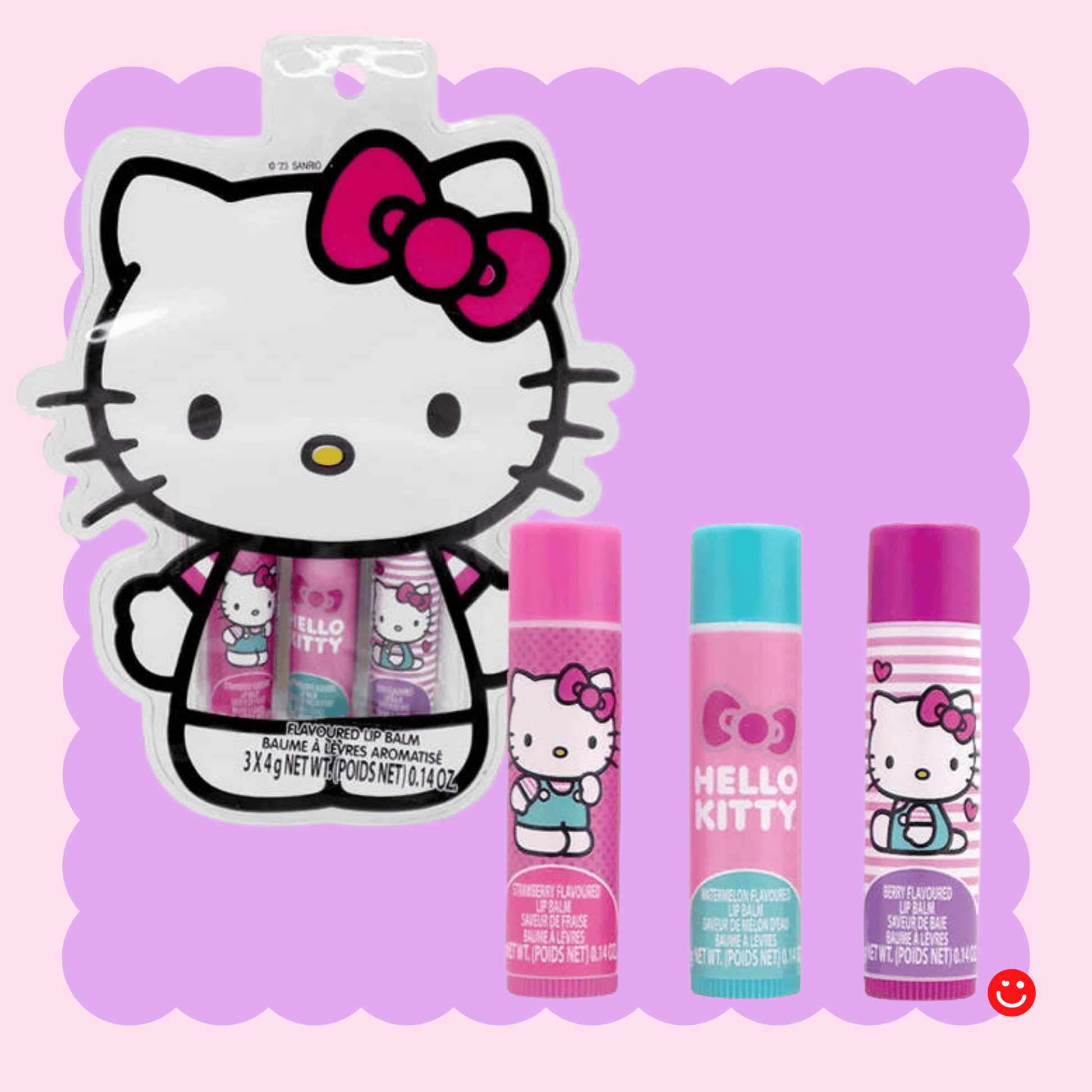 Hello Kitty lip balm set with pouch front view showing all three flavors - Overrated Korean Beauty & More