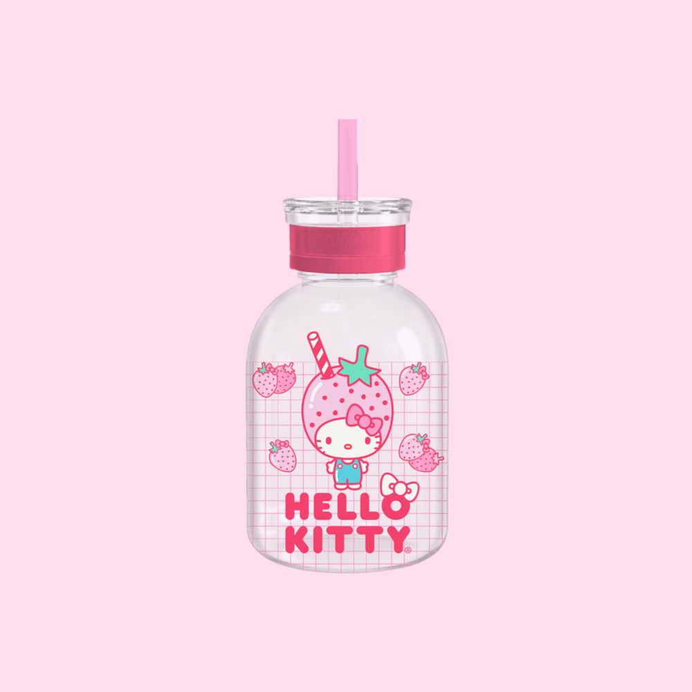 Hello Kitty Strawberry Head 15oz Glass Milk Bottle w/ Straw - OVERRATED