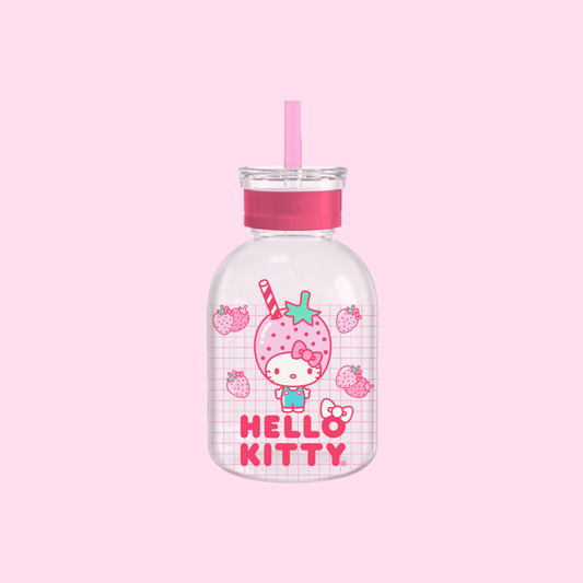 Hello Kitty Strawberry Head 15oz Glass Milk Bottle w/ Straw - OVERRATED