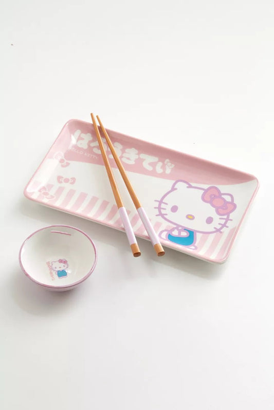 Hello Kitty Tokyo Pink Stripes Boxed 3pc Ceramic Sushi Set - OVERRATED