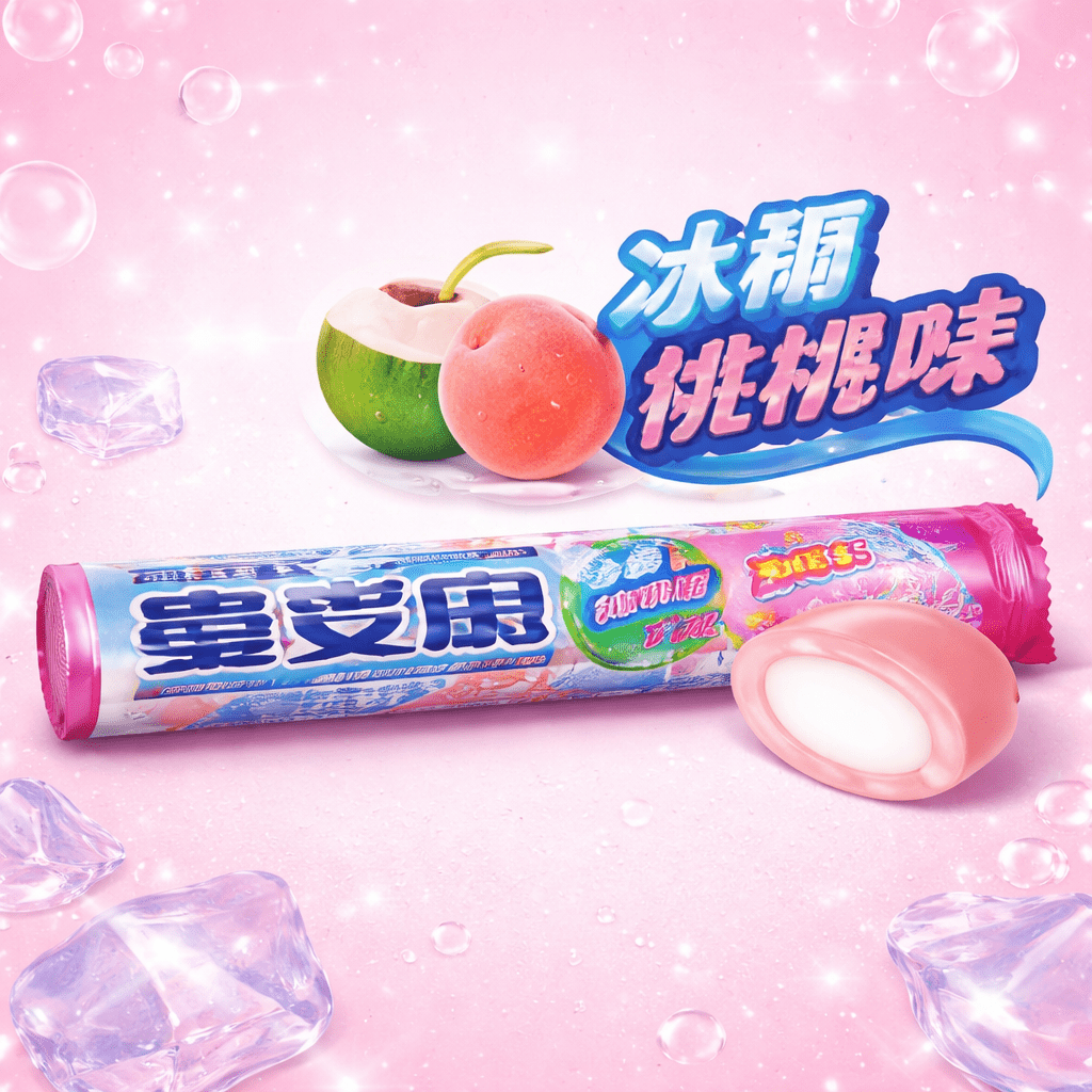 Imported candy snacks Mentos Peach Coconut Roll package front view - Overrated Korean Beauty & More