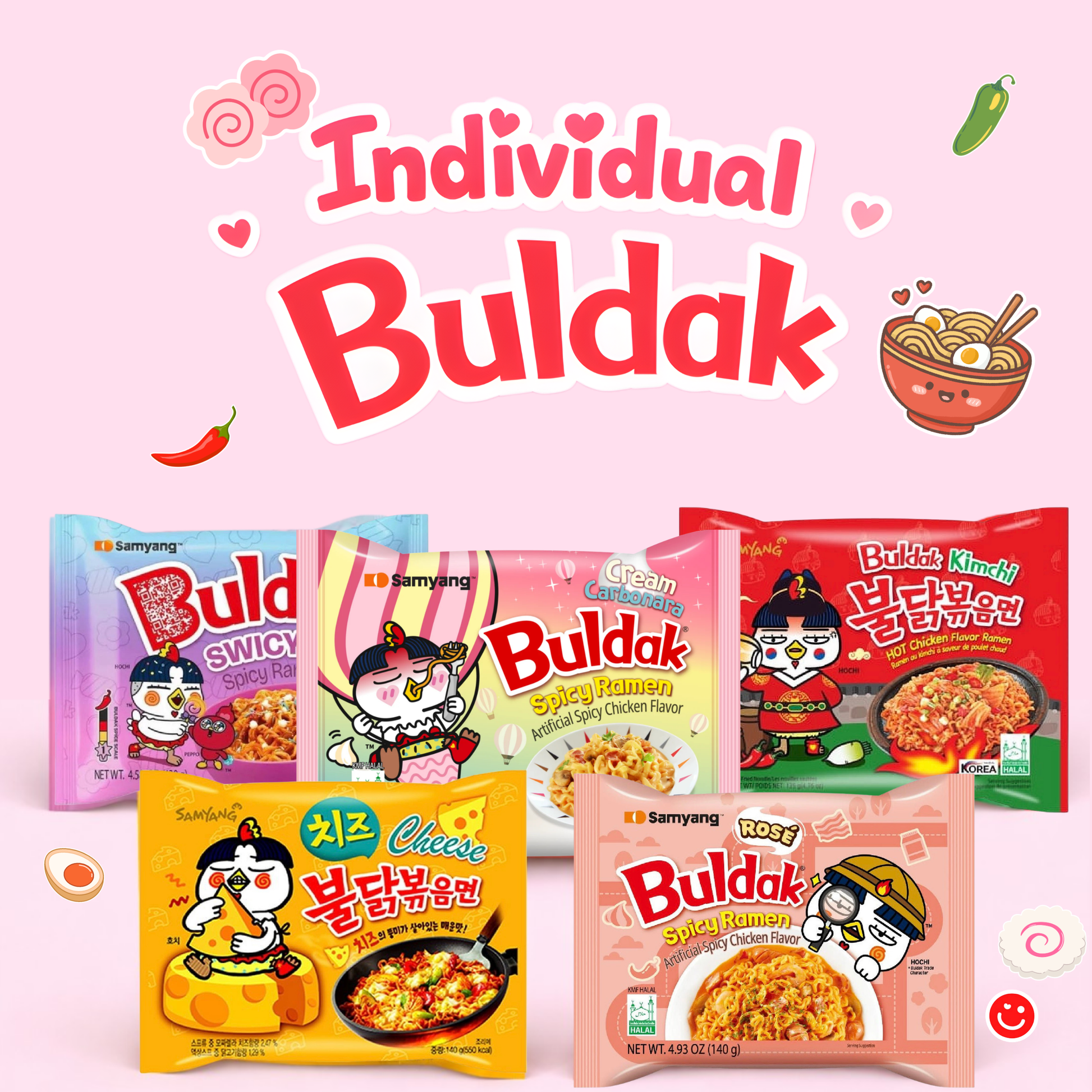 Korean spicy ramen Buldak assorted pack front display - Overrated Korean Beauty & More