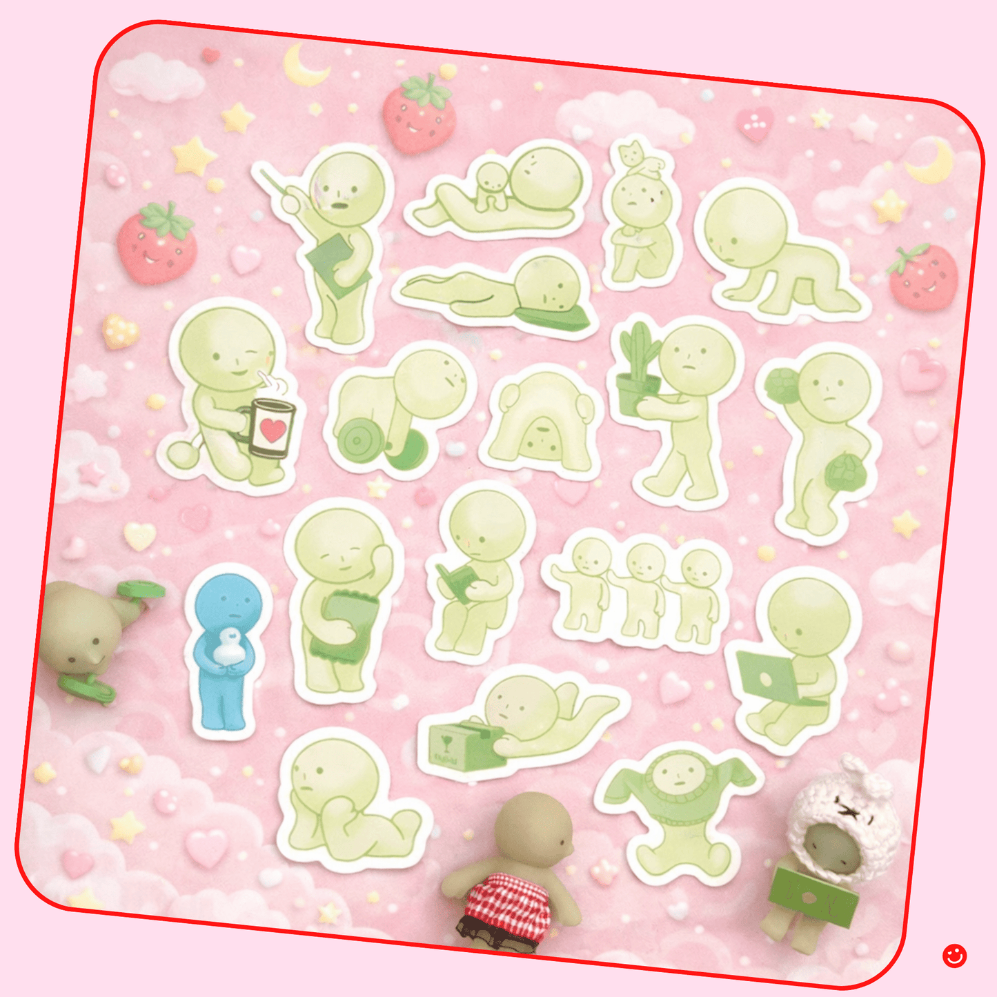 kawaii collectible sticker Smiski character pink floral sheet design - Overrated Korean Beauty & More