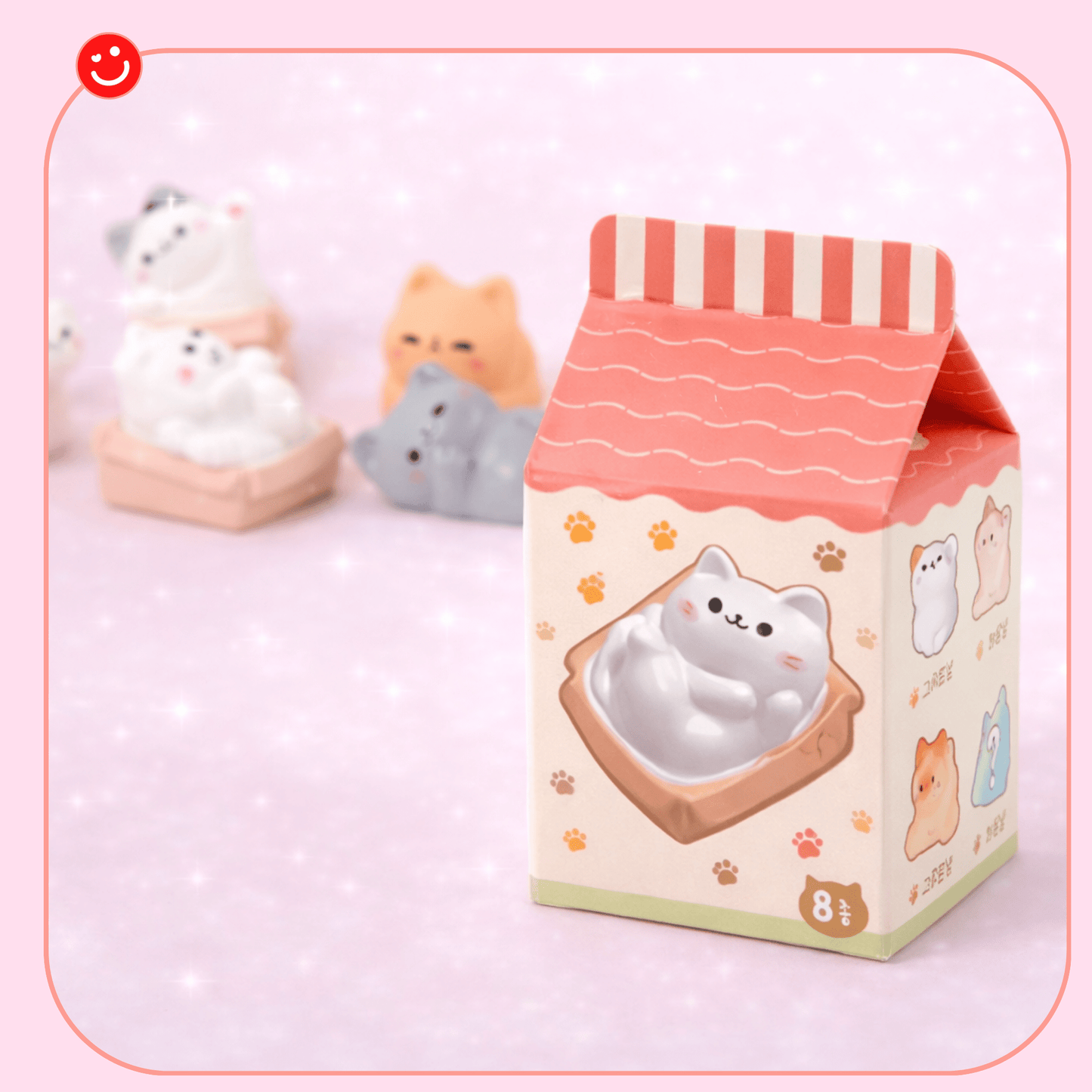 Kawaii blind box Cozy Cat miniature figure milk carton box packaging front view - Overrated Korean Beauty & More