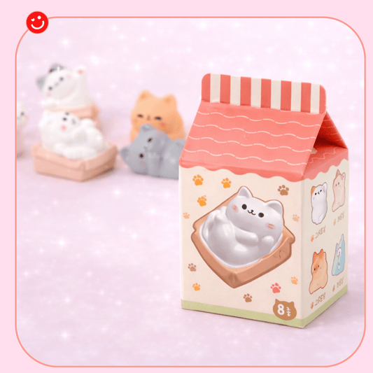 Kawaii blind box Cozy Cat miniature figure milk carton box packaging front view - Overrated Korean Beauty & More