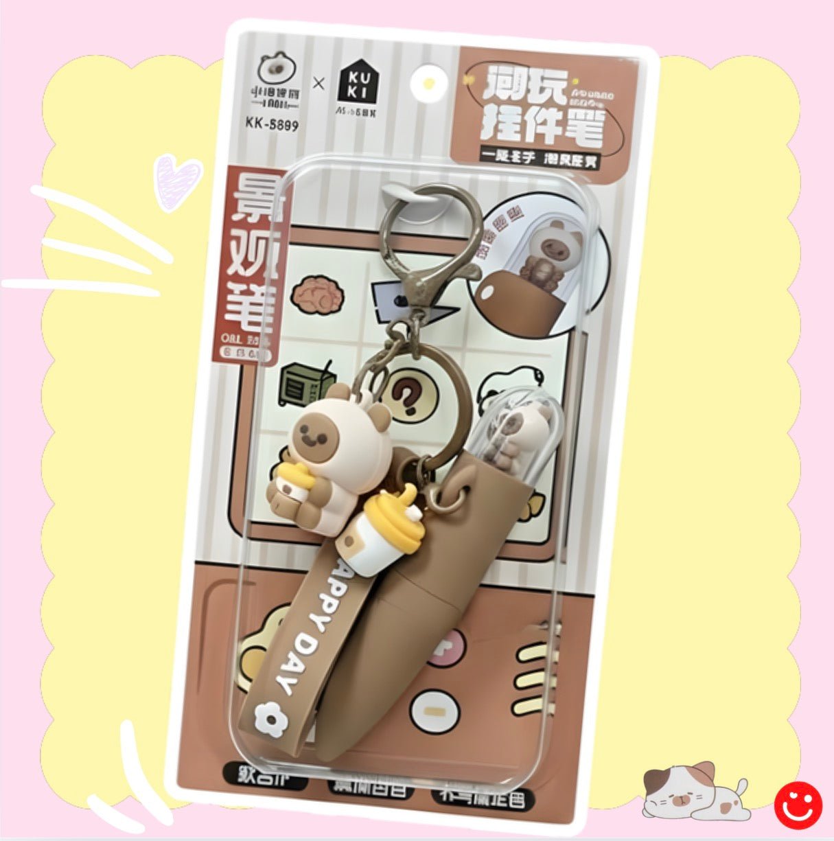 Kawaii capsule charm pen keychain with bear charm front view - Overrated Korean Beauty & More