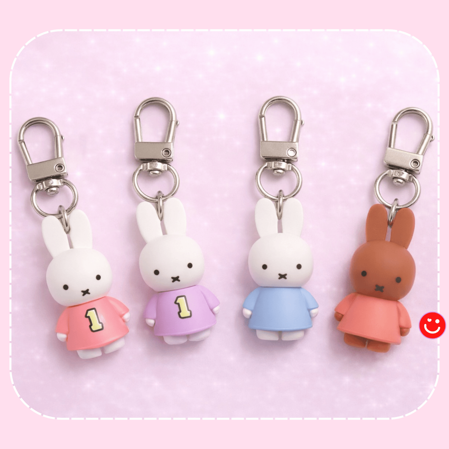 Kawaii keychain set Miffy and friends mini figure keyholders hanging on key ring display - Overrated Korean Beauty & More