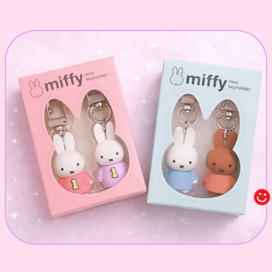 Kawaii keychain set Miffy Best Friends pink and blue mini keyholder duo set packaging - Overrated Korean Beauty & More