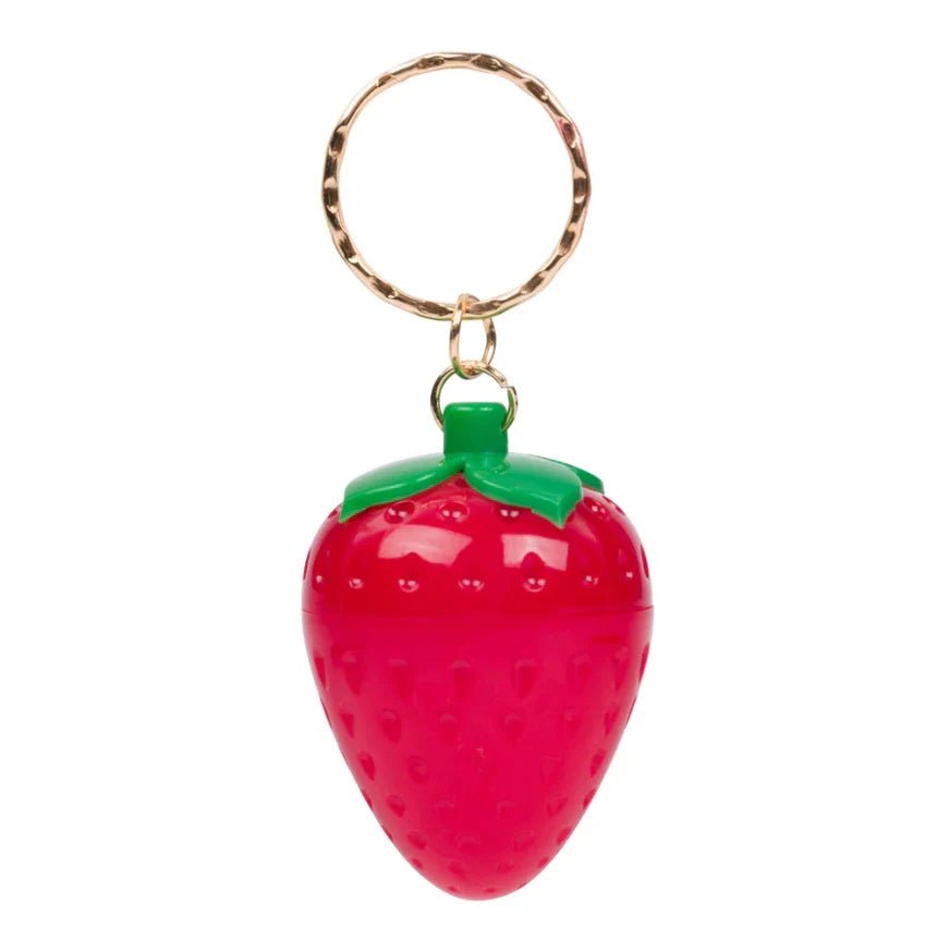 Kawaii lip balm keychain strawberry open showing balm inside - Overrated Korean Beauty & More