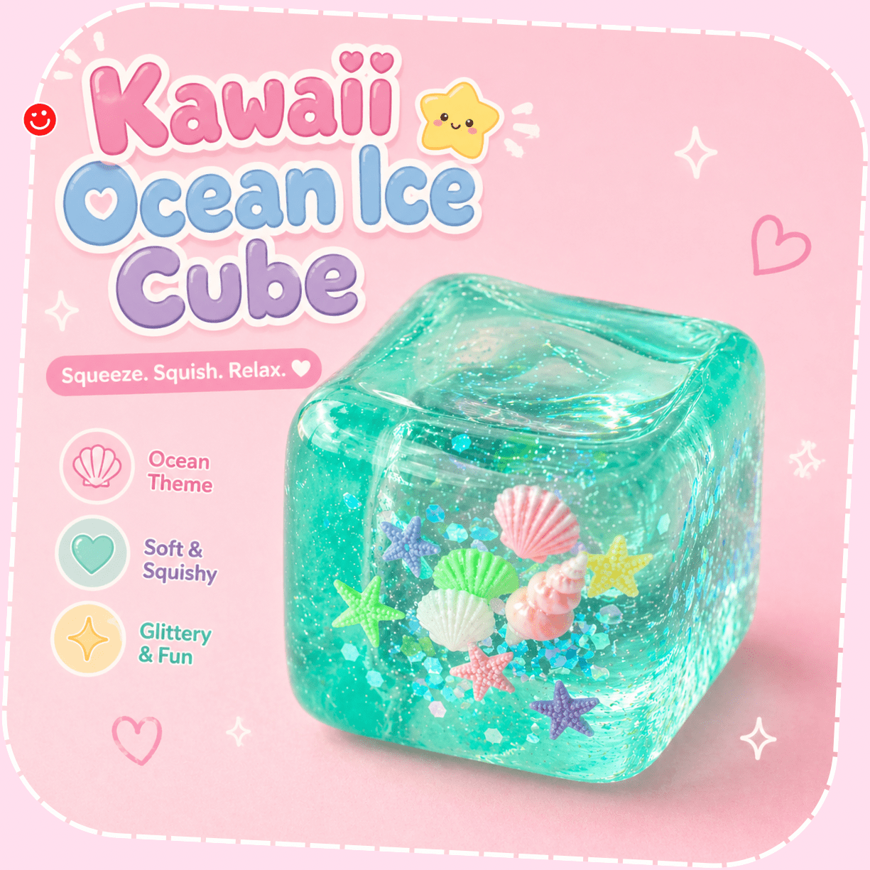 Kawaii glitter squishy cube ocean theme with shells and starfish gel toy - Overrated Korean Beauty & More