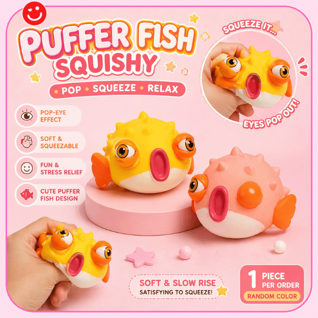 Kawaii puffer fish squishy pop-eye interactive stress toy - Overrated Korean Beauty & More