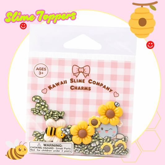 Kawaii bee slime topper charms bag with honeycomb and floral charm details for DIY slime and craft projects