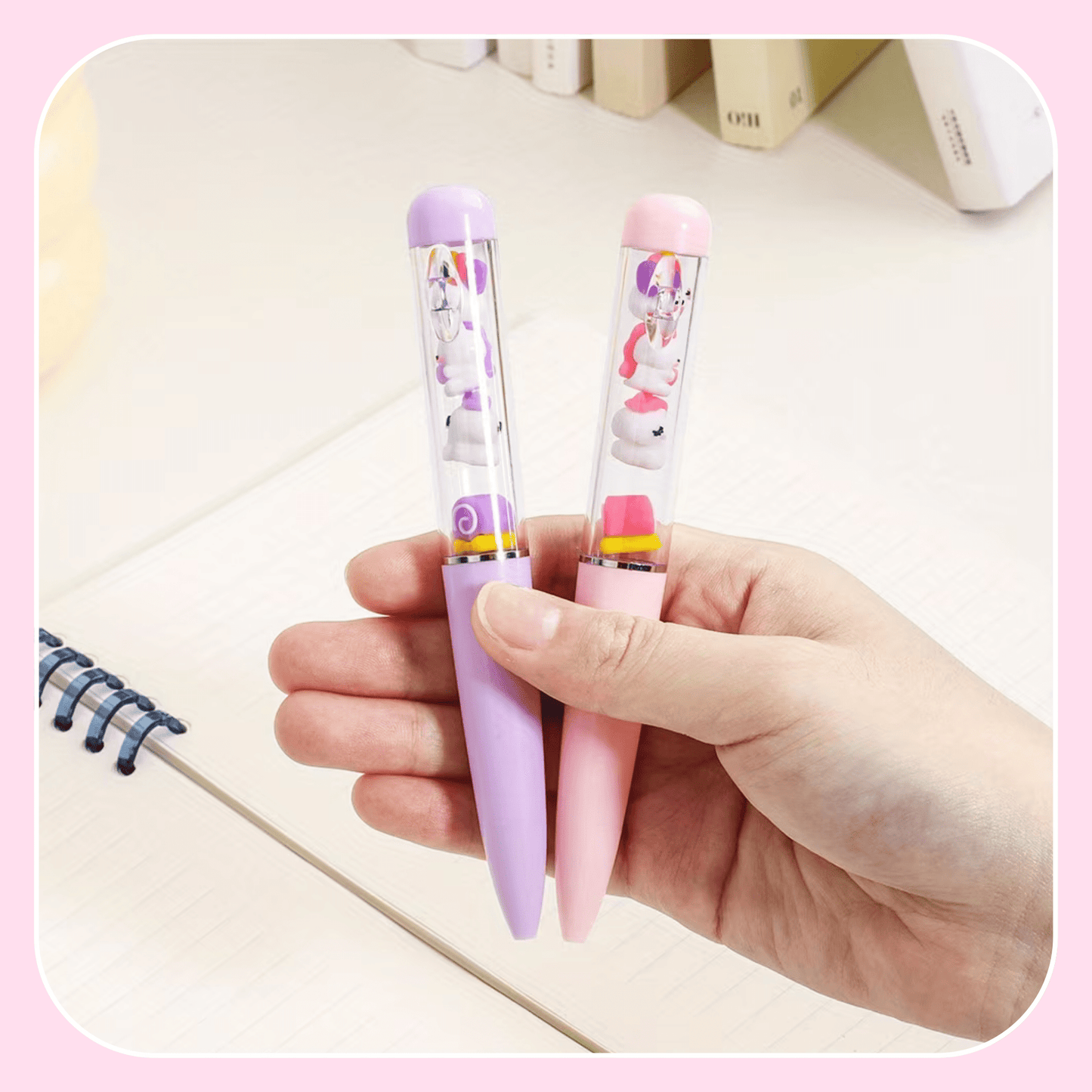 Kawaii gel pen unicorn jenga pastel pink lavender side view - Overrated Korean Beauty & More