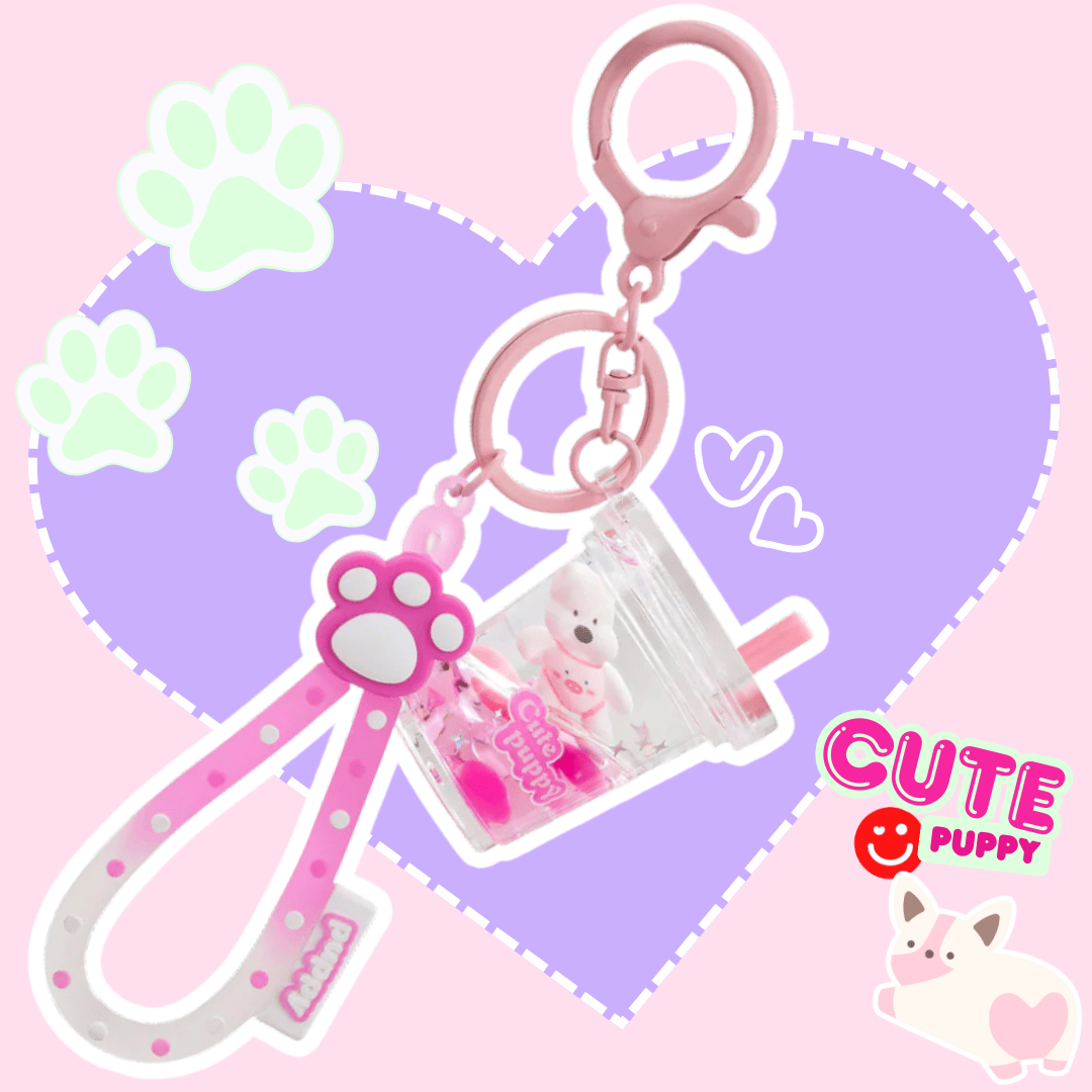 Kawaii sensory keychain Kira Kira pink puppy boba liquid effect shimmery front view - Overrated Korean Beauty & More
