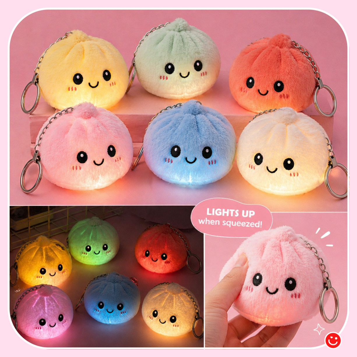 Kawaii dumpling keychain LED glow squeeze toy embroidered face cute - Overrated Korean Beauty & More