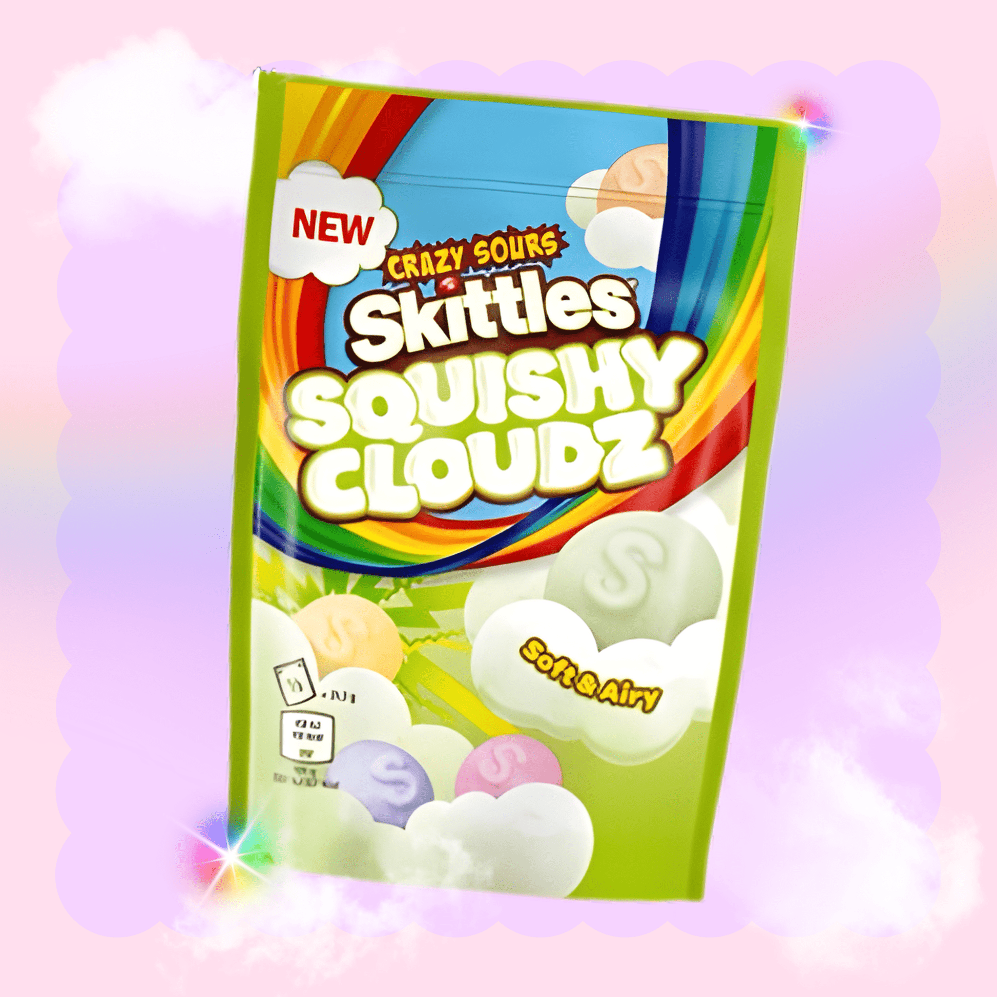 Imported Skittles candy squishy cloudz crazy sours bag front view - Overrated Korean Beauty & More
