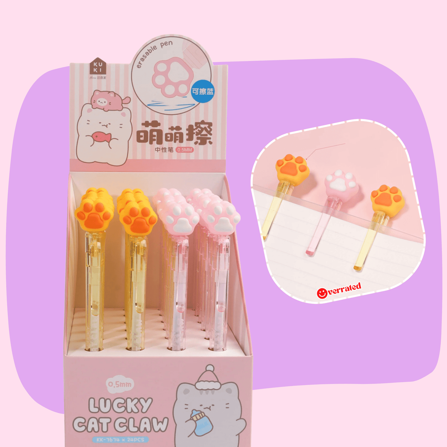 Kawaii lucky cat paw erasable gel pen full product view - Overrated Korean Beauty & More