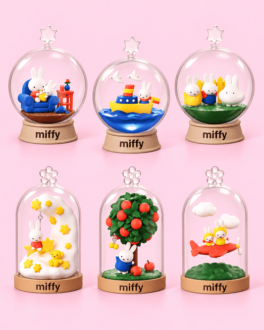 Miffy Terrarium Blind Box lineup of six dome scenes with miffy bases on pink - OVERRATED