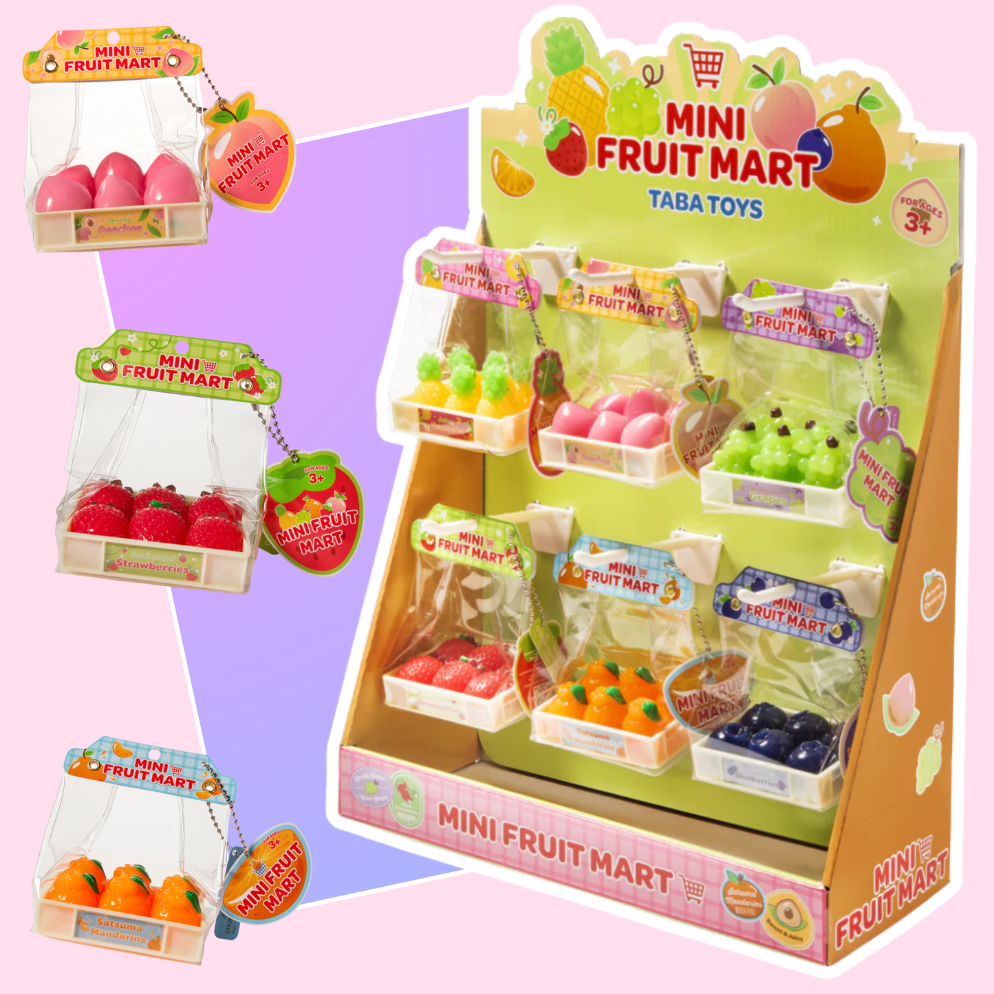 Kawaii squishy toy mini fruit mart taba assortment front view - Overrated Korean Beauty & More