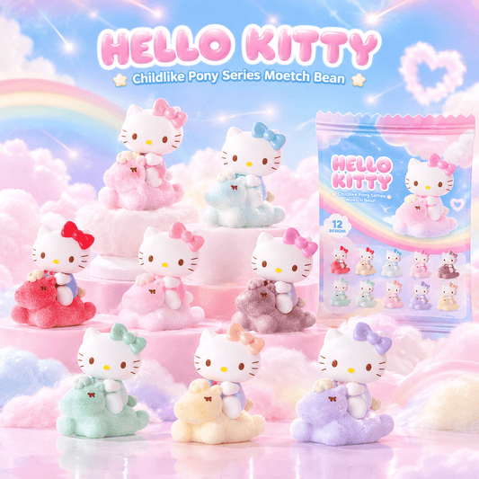 Moetch Hello Kitty Childlike Pony Series blind bag graphic showing figures and foil bag packaging - OVERRATED