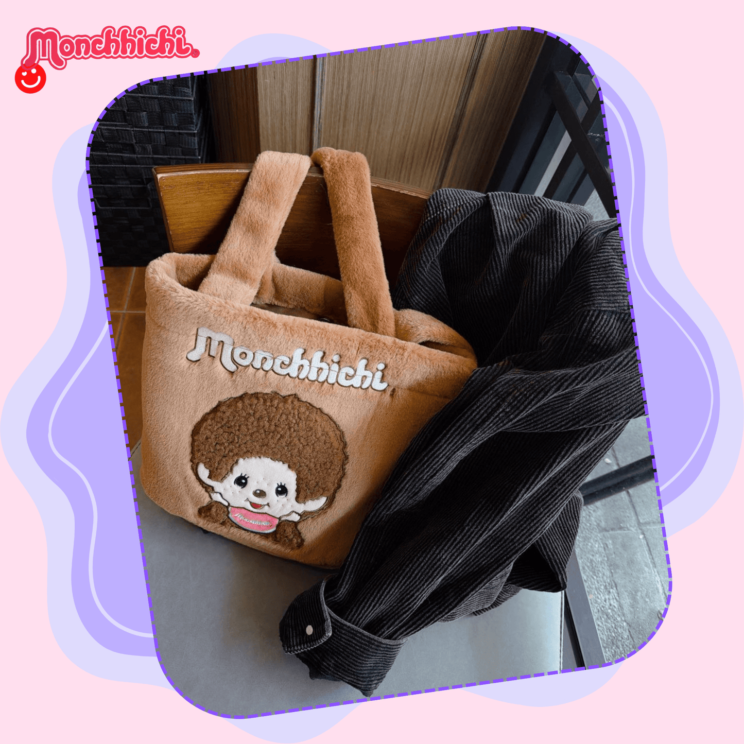 Monchhichi tote bag character print kawaii bag displayed flat lay - Overrated Korean Beauty & More