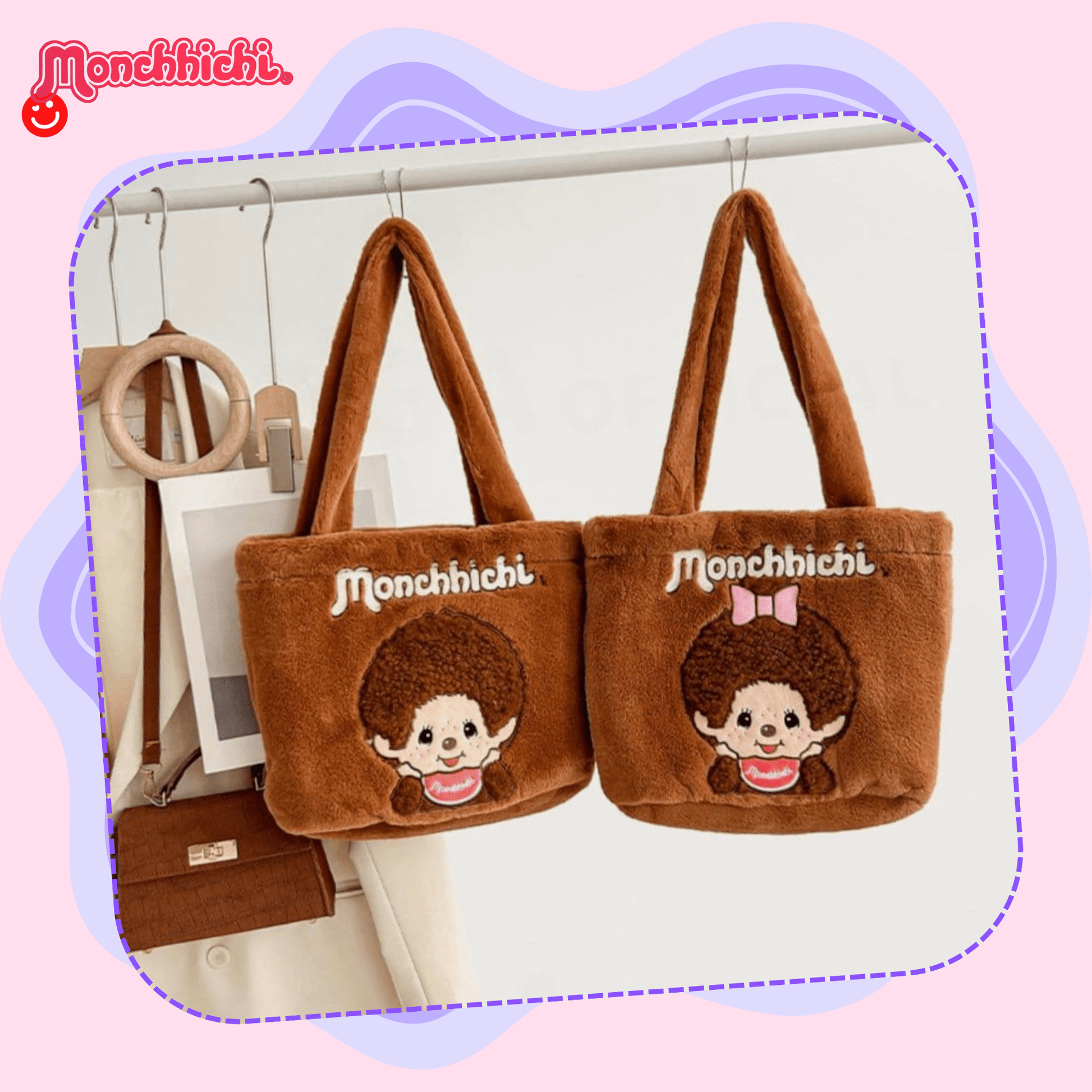 Monchhichi tote bag top down view showing full design - Overrated Korean Beauty & More