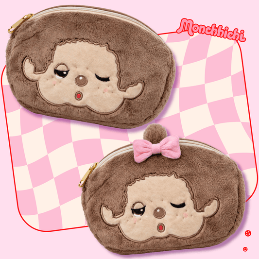 Monchhichi plush pouch sleepy character zipper bag front view - Overrated Korean Beauty & More
