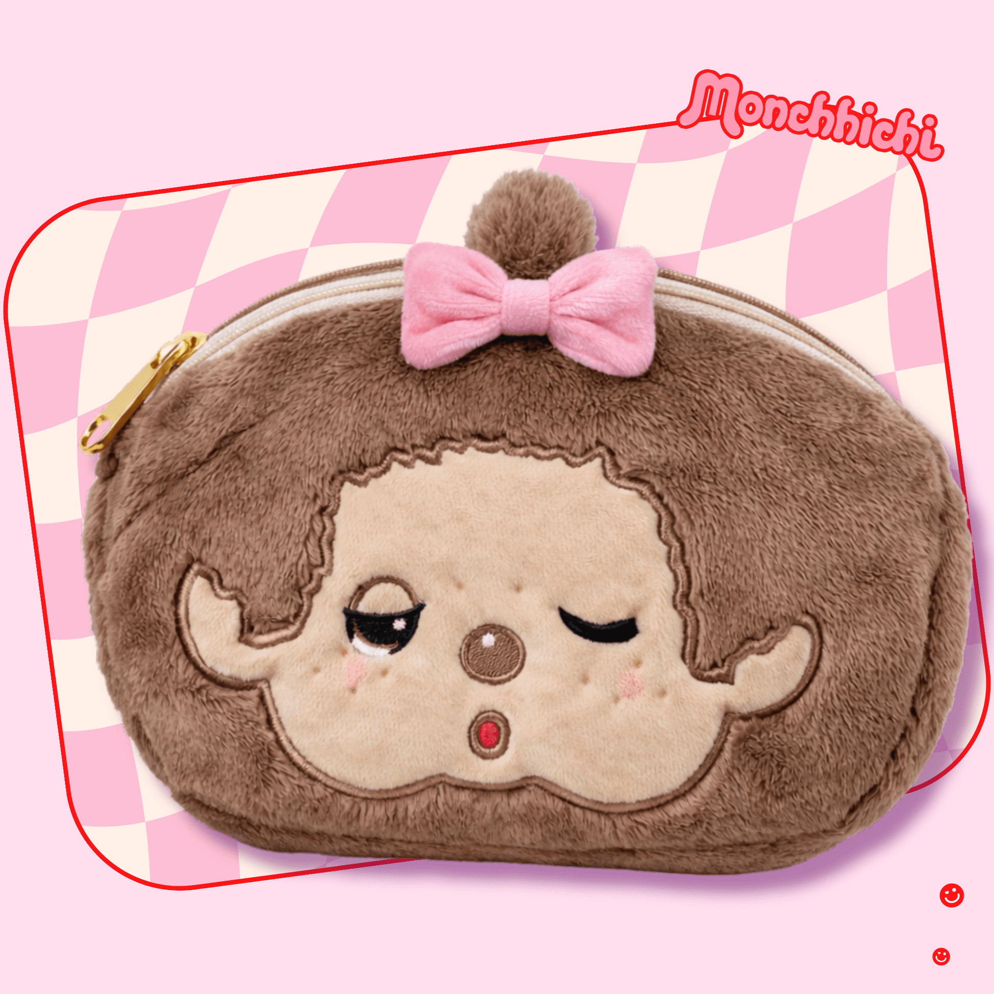 Monchhichi plush zipper pouch sleepy face close-up detail - Overrated Korean Beauty & More