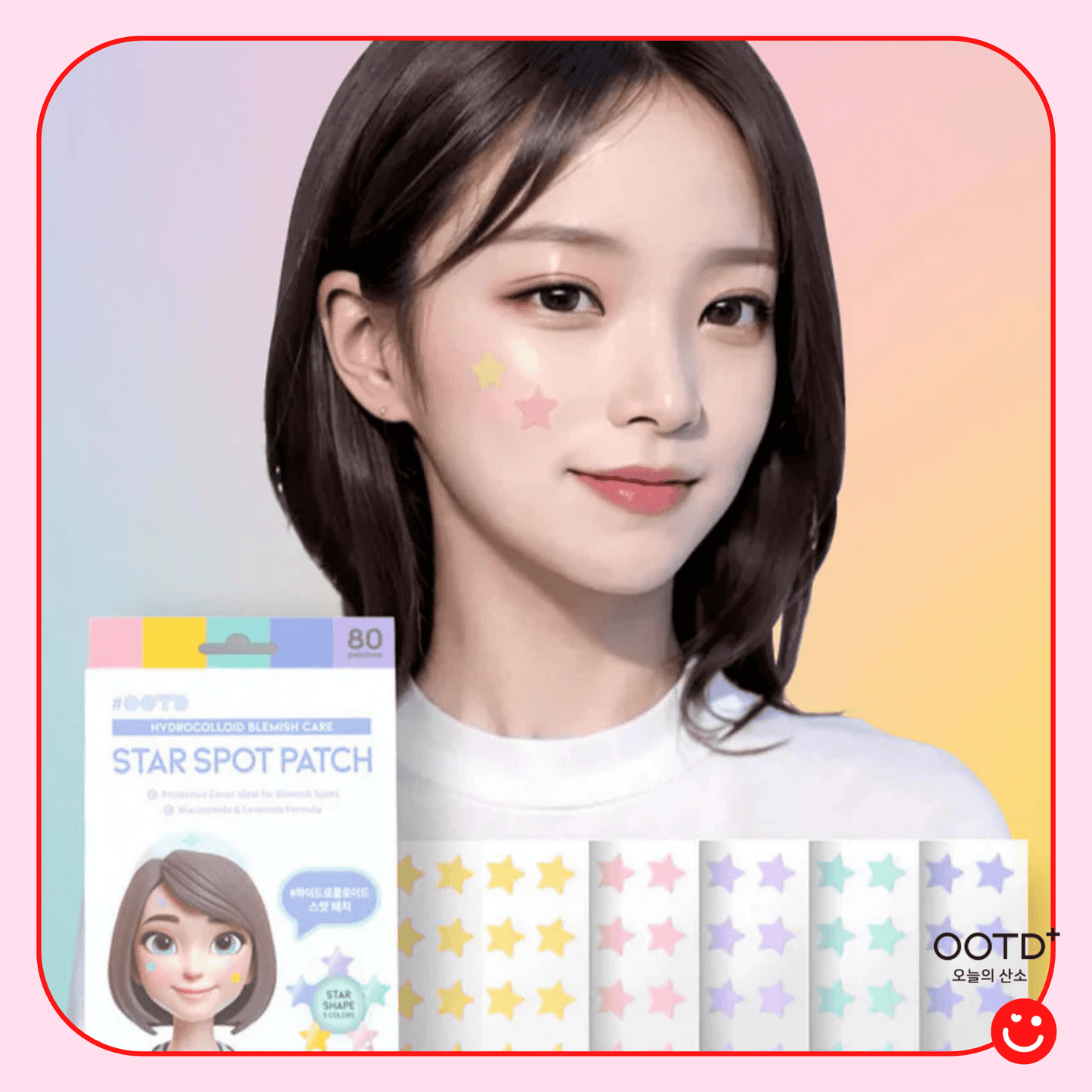 Korean acne spot patch OOTD Beauty Star model wearing star patch on face - Overrated Korean Beauty & More