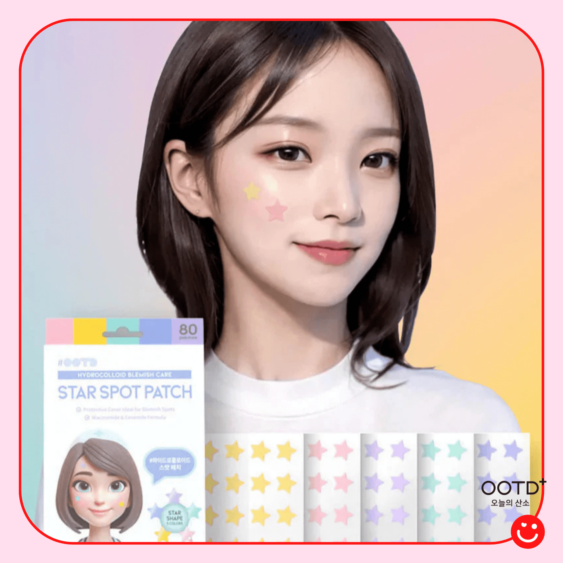 Korean acne spot patch OOTD Beauty Star model wearing star patch on face - Overrated Korean Beauty & More
