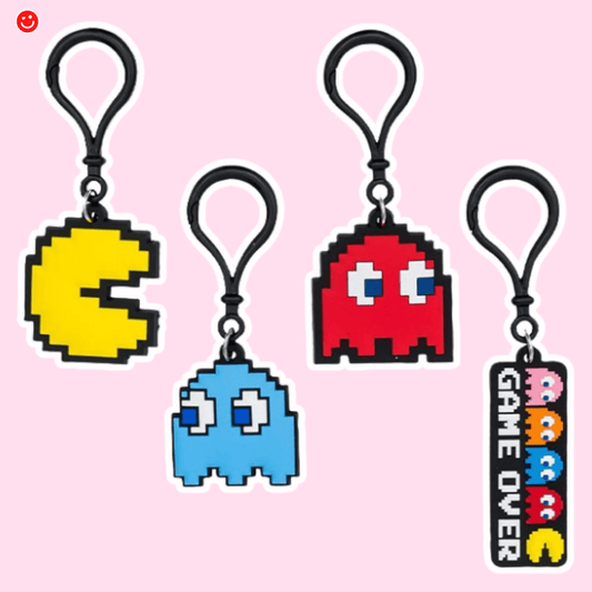 Pac-Man keychain display with assorted character designs - Overrated Korean Beauty & More