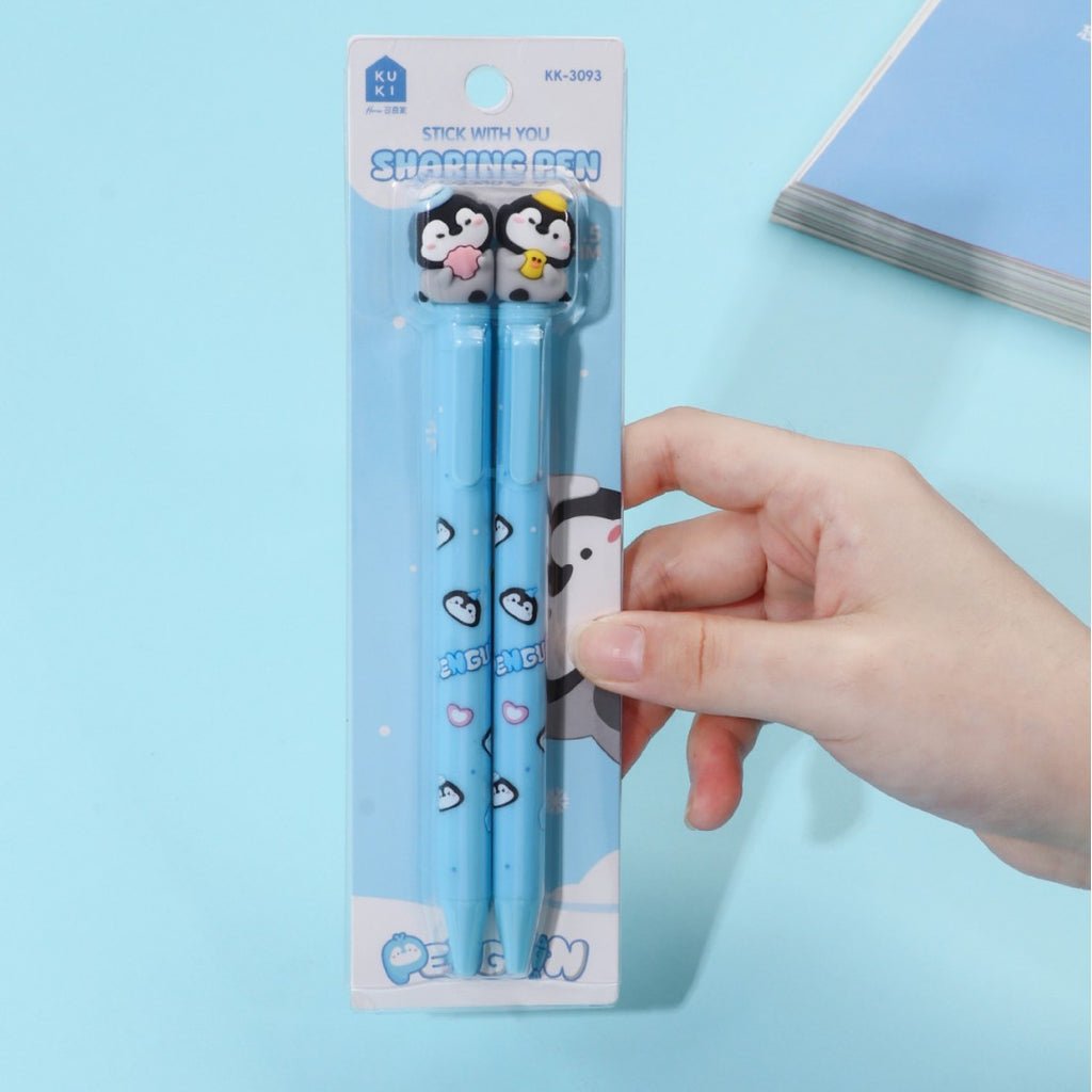 Penguin Sharing Pen 2 - Pack Kawaii Blue Gel Pens - OVERRATED