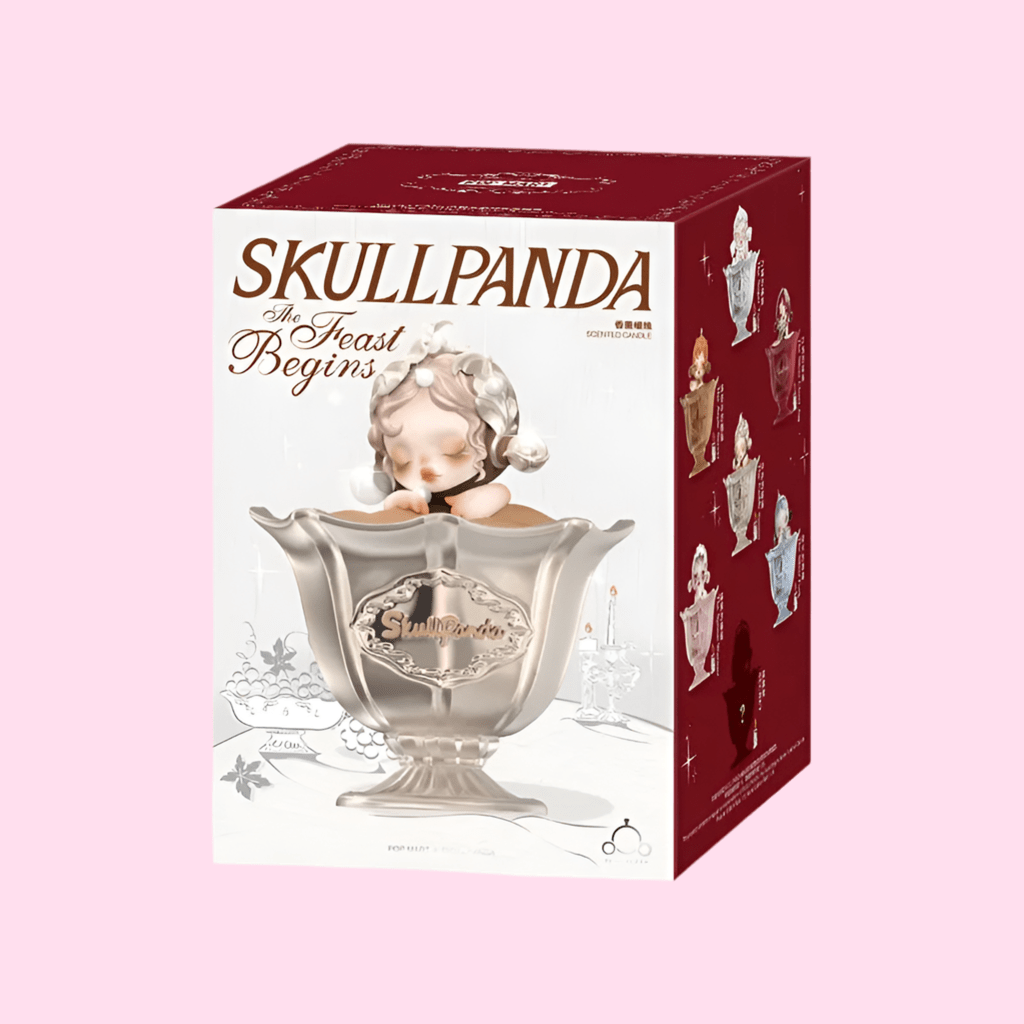 Pop Mart scented candle Skullpanda Feast Begins product packaging pink box - Overrated Korean Beauty & More