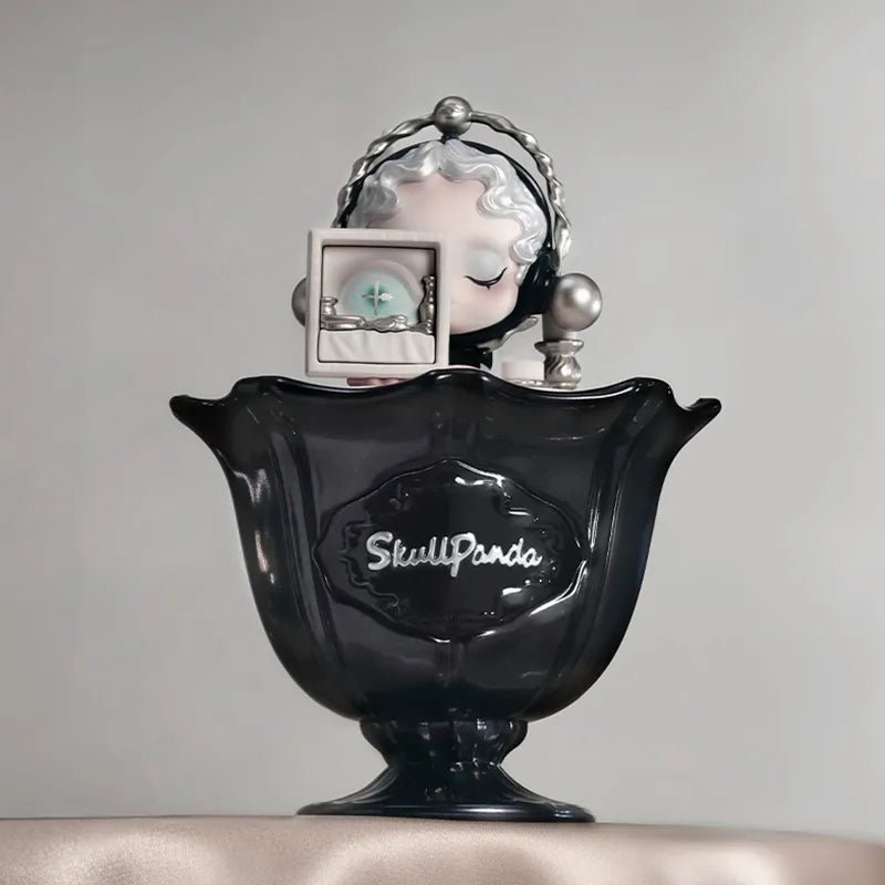 Pop Mart scented candle Skullpanda glass jar with lid side view dark - Overrated Korean Beauty & More