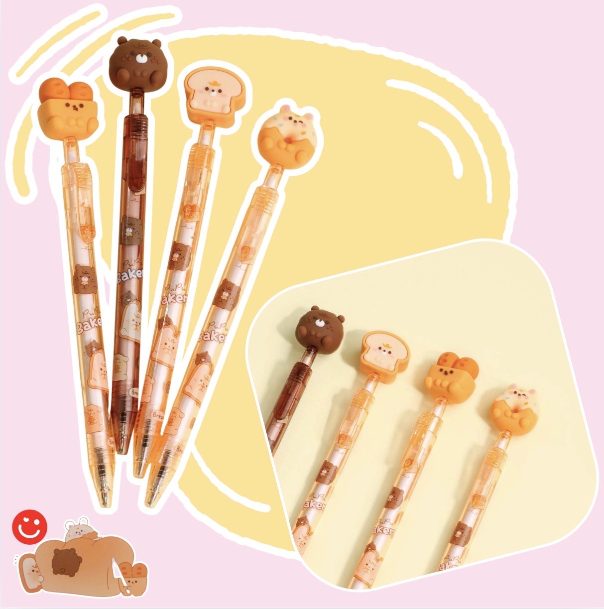 Kawaii gel pen Pupu Bakery bread friends set multiple pens arranged - Overrated Korean Beauty & More