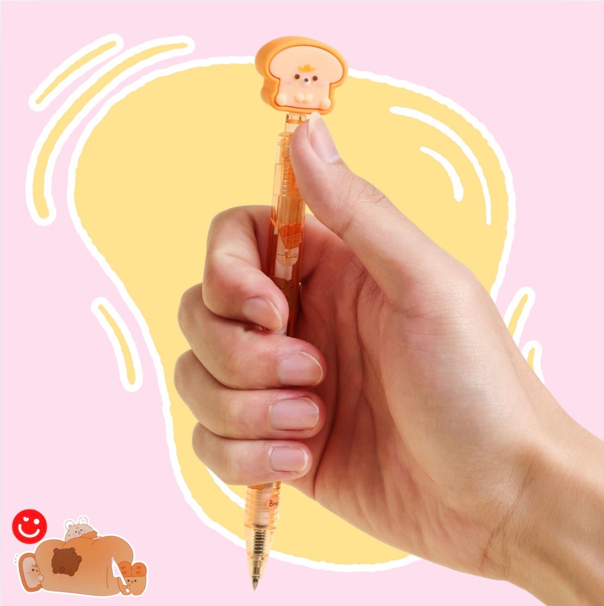 Kawaii gel pen Pupu Bakery bun character topper side angle view - Overrated Korean Beauty & More